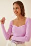 Women's Lilac Heart Collar Ribbed Knit Sweater US00738 - 2