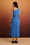 Blue 100% Linen Asymmetrical Collar Maxi Woven Dress with Accessory Detail Twoss26El00590 - 4