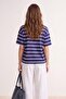 Lacivert Çizgili Oversize/Geniş Kalıp Kısa Kollu Uzun Tok Pamuklu Örme T-Shirt TWOSS26TS00051 - 3