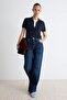 Premium Koyu Mavi Az Esnek Yüksek Bel Wide Leg Geniş Paça Jeans TWOAW27JE00086