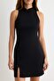 Siyah Bodycon/Vücuda Oturan Dik Yaka Çin Düğmeli Kısa / Mini Scuba Krep Örme Elbise TWOAW27EL00142 - 3