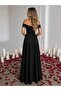 Boat Neck Slit Long Evening Dress 58819 Black - 2