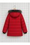 Girl's Red Puffer Coat Hooded Fur Winter Long Model - 5