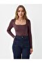 Bitter Brown Square Neck Slim Fit Long Sleeve Knitted Blouse