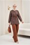 Top with Buttons, Pockets, Belt, Patterned Pants Dabıl Set - Tan - 2