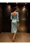 Mint Square Neck Balloon Sleeve Slit Satin Evening Dress 582693 - 4