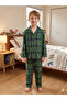 Boys' 100% Cotton Combed Fabric Green Plaid Patterned Shirt Collar Buttoned Pajama Set