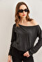 Women's Black Boat Neck Wool Viscose Flowy Blouse Blz- 19002738 - 2