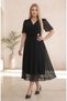 Women's Plus Size Short Sleeve Double-Breasted Neckline Waist Brooch Detail Chiffon Midi Evening Dress 26000 Black - 2