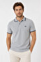 100% Cotton Polo Collar Men's Gray T-Shirt, Navy Blue Striped Short Sleeve Model,