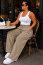 Plus Size Palazzo High Waist Fabric Trousers C654-Beige - 3
