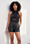 Women's Black Ecru Polka Dot Satin Fabric Backless Halter Neck Trendy Blouse - 3