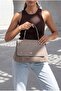 Women's Genuine Leather Zippered Removable Inner Pocketed Hand and Shoulder Bag Ornis Taupe Suede - 3