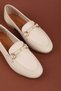 Women's Genuine Leather Daily Buckle Ballerina Loafer Shoes Hl.24217 Cream - 3