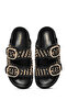 Women's Black Double Buckle Straw Leather Slippers 25Sfd5506M7 - 6