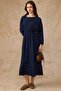 Stripe Detailed Elastic Waist Muslin Dress Dark Blue 9453-E - 5