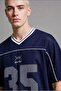 Boxy Fit V-Neck Short Sleeve Printed Navy Blue T-Shirt H7482Ax26Hs - 6