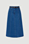 Knitted Belt Piece Midi Denim Skirt - Blue - 6