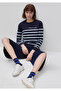 Women's Navy Blue 100% Cotton Front Embroidered Striped Crew Neck Sweater - 3