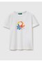 Boy's White Round Neck T-Shirt with Logo Print on the Front