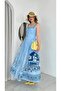 Women's Buttoned Bodice Square Neck Patterned Maxi Long Linen Dress - 4
