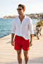 Men's Quick-Drying Swim Shorts with Pockets, Elastic Lace-Up, Mesh Lining, Red Swim Shorts - 5