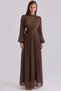 Yoryo Silk Hijab Evening Dress with Pleated and Stone Brooch Detail Brown 1244 - 2