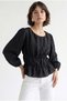 4873 Women's Drawstring Detailed Balloon Sleeve Peplum Blouse Black
