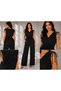 Women's Black Scalloped Fabric Shoulder-Padded Waist-Tie Loose-Fit Pants and Top Set with Pockets - 4
