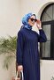 Ribbed Front Half-Buttoned Muslin Dress - Navy Blue - 4