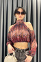 Ethnic Pattern Halter Neck Blouse-Brown Brown
