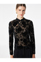 Long Sleeve Floral Textured Stand-Up Qipao Collar Tulle T-Shirt - 3