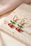 Steel Yellow Plated Green Leaf Red Stone Cherry Figured Hoop Earrings - 3