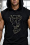 Men's Printed Black Hooded Cotton Athlete Sleeveless Sports Tshirt - 2