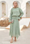 Mint Green Suit with Pleated Asymmetrical Skirt