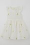 Girl's Dress with Floral Embroidery and Guipure Detail, Ages 3-7, Ecru - 6