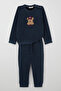 Boy's Tracksuit Set with Cute Hat and Teddy Bear Figure Embroidery, 9 Months-3 Years, Navy Blue Melange - 5