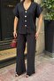 Women's Black Button Detailed Short Sleeve Shirt Wide Leg Pants Soft Modal Bottom Top Set - 6
