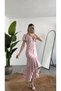 Women's Pink Floral Patterned Flounce Midi Dress – V-Neck, Tie Detail, Asymmetrical Cut, Summer & D - 6