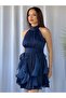 Ruffled Skirt Satin Halter Neck Evening Dress - 2