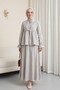 Linen Look Suit with Half Buttoned Sleeves, Elasticated Front, and Tie-Front Skirt - Light Gray