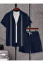Men Navy Blue Jacquard Detail Short Sleeve Button Front Shirt and Shorts Co-Ords