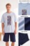 Men's Blue Patterned Crew Neck Buttonless Cotton Summer Short Sleeve Pocket Shorts Pajama Set - 3