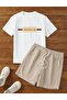 White T-Shirt with White Print Detail and Beige Shorts Top and Bottom Set