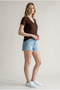 Women's Stone Embellished Stretchy Modal Fabric V-Neck Short Sleeve Brown Blouse