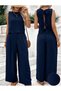 Navy Blue Sleeveless Back Detail Top Wide Leg Pants Double Suit Women's Summer Stylish Suit - 2