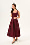 Burgundy Strappy Square Neck A-Line Panel Detailed Cotton Midi Dress - 6