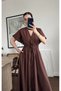 Brown 100% Cotton Pleated Bat Sleeve Dress with Tie Waist - 206201 - 3