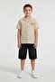 Cream Back Lettering Patterned Short Sleeve Shirt and Jean Shorts Boys' 2-Piece Set 24026