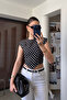 Padded Polka Dot Patterned Blouse with Back Zipper - Black